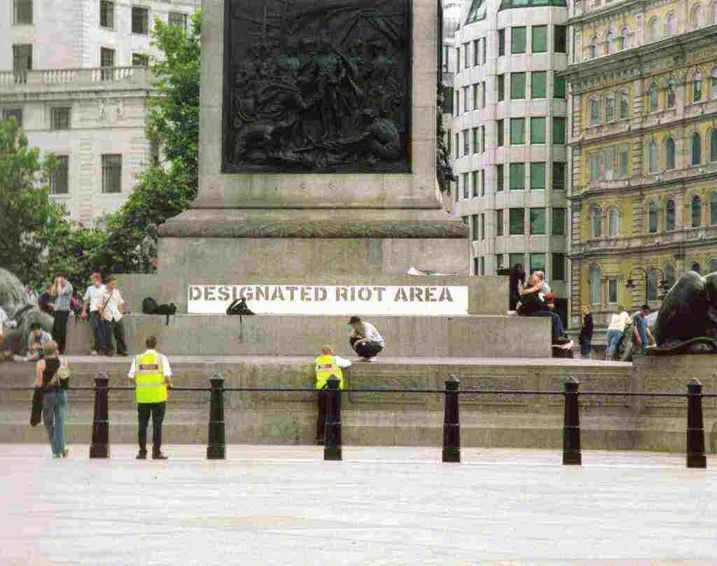 Banksy, DESIGNATED RIOT AREA POSTCARD, HS BY LAZARIDES, 2004