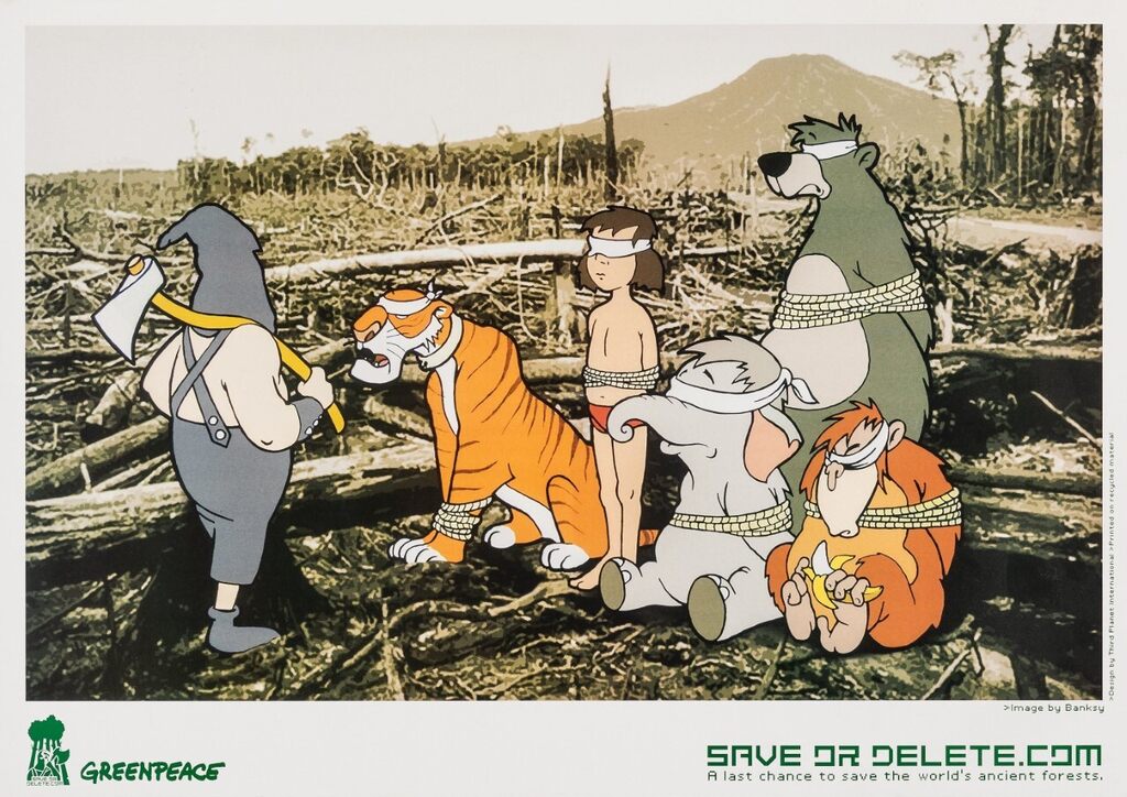 Cartoon jungle animals and a child stand in a logged forest above Greenpeace branding.
