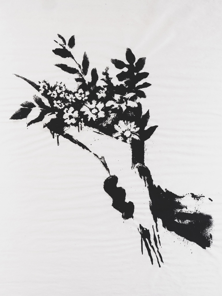 A hand grips a bouquet of flowers and leaves in black and white on a pale background.