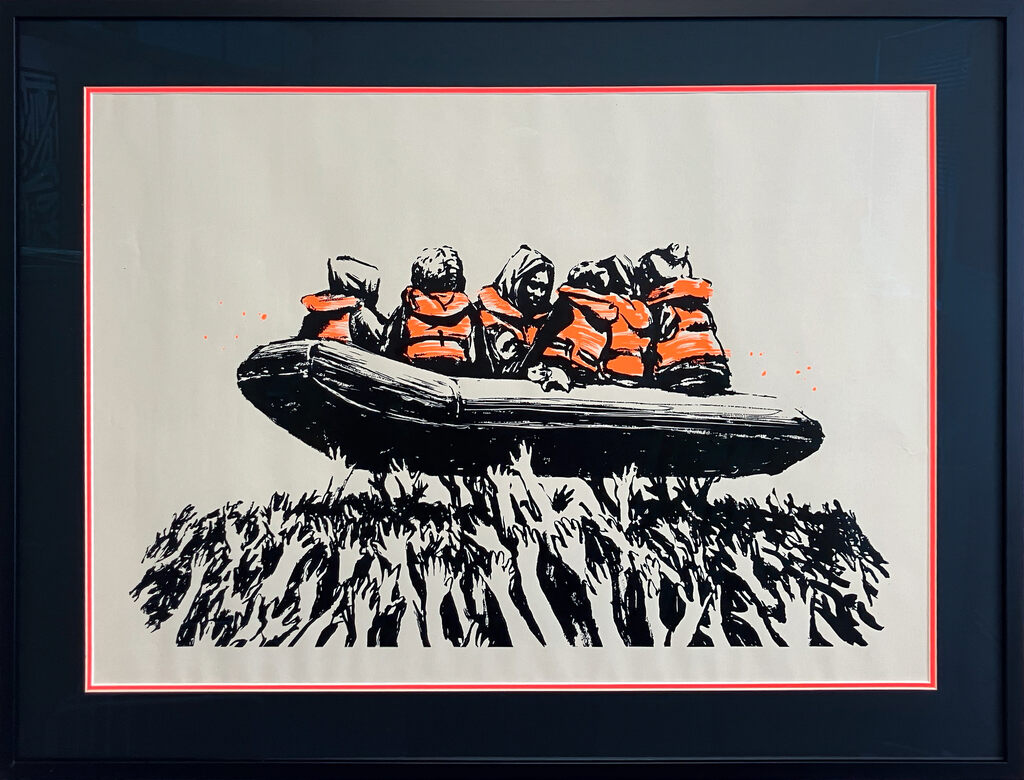 Framed boat carrying orange-jacketed figures above a crowd of reaching hands.