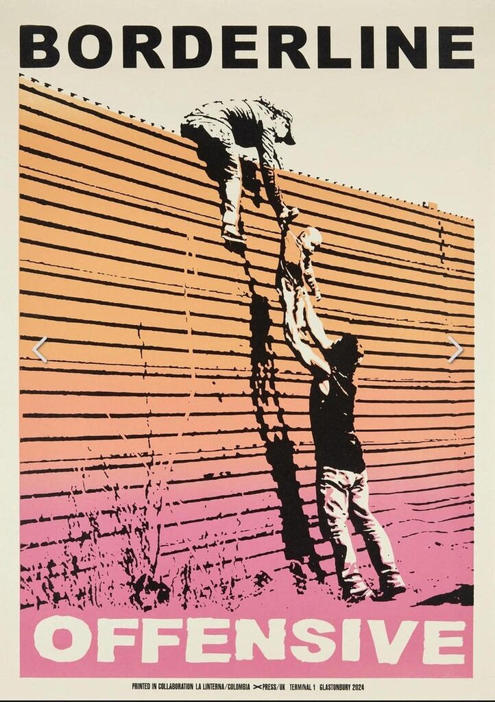 Poster of two black-and-white figures helping each other over a tall wall on an orange-to-pink ground, with bold lettering.