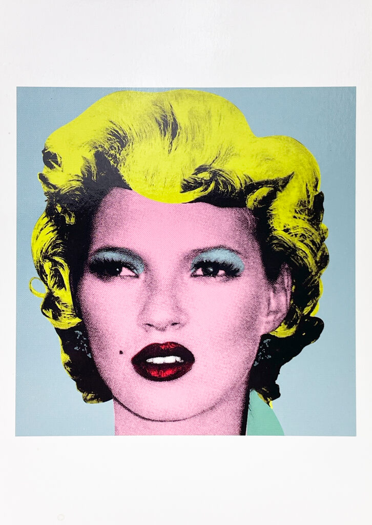 Pop-art woman's portrait with yellow hair, pink skin and red lips against pale blue.