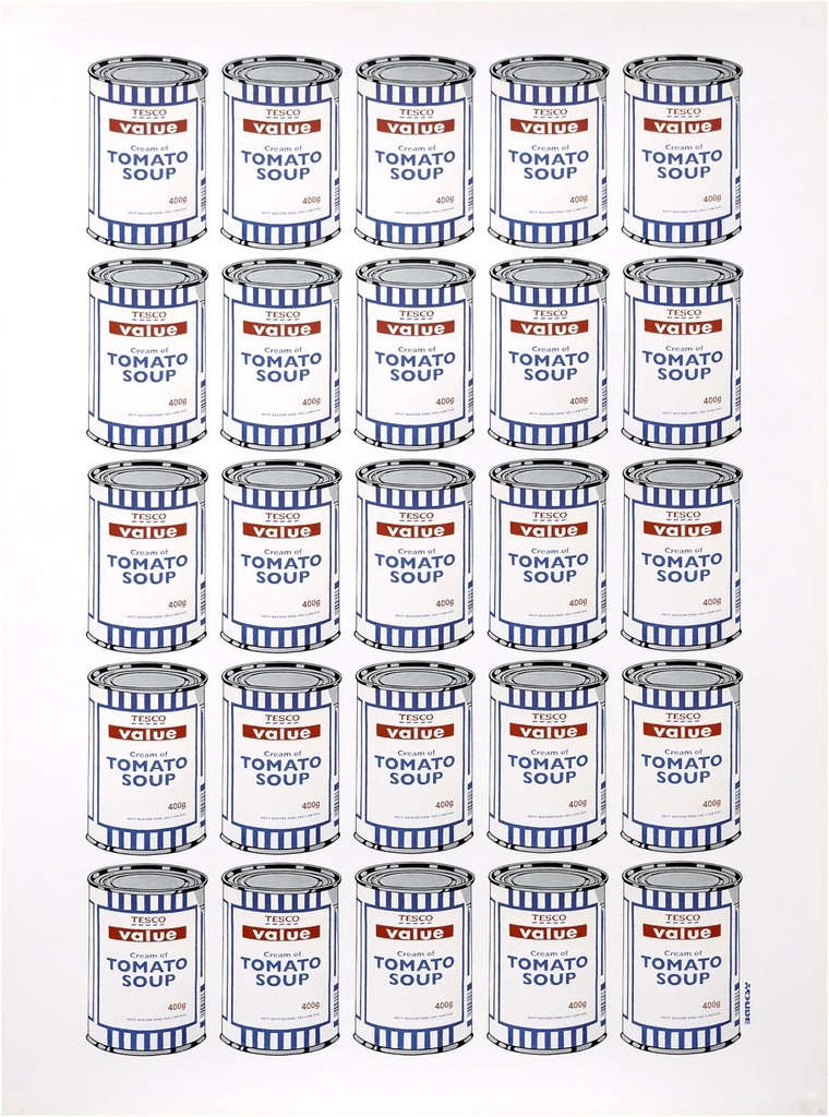 A dense grid of identical Tesco Value cream of tomato soup cans with white, blue and red labels and blue-and-white striped bands, arranged in upright rows filling the composition.