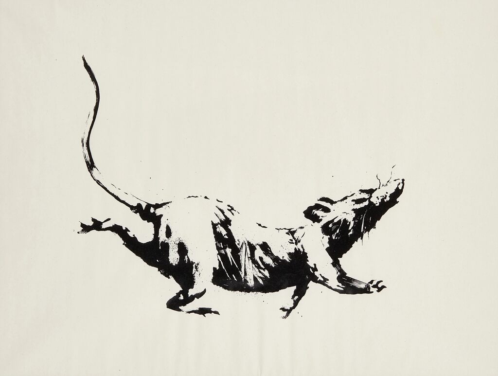 Black-and-white running rat isolated on cream.
