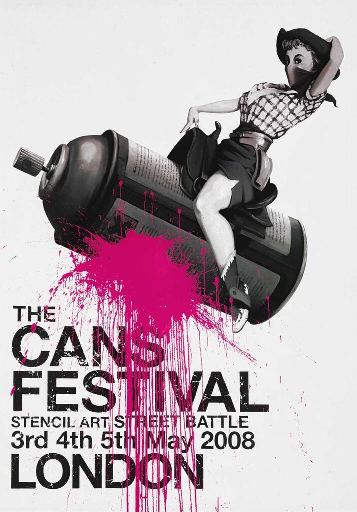 Poster of a black-and-white cowboy riding a large spray can above a pink paint splash and bold black text.