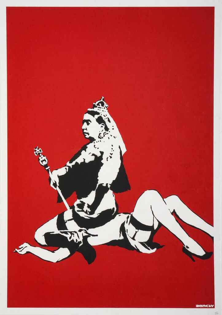 A crowned woman holding a sceptre is positioned above a reclining figure against red.