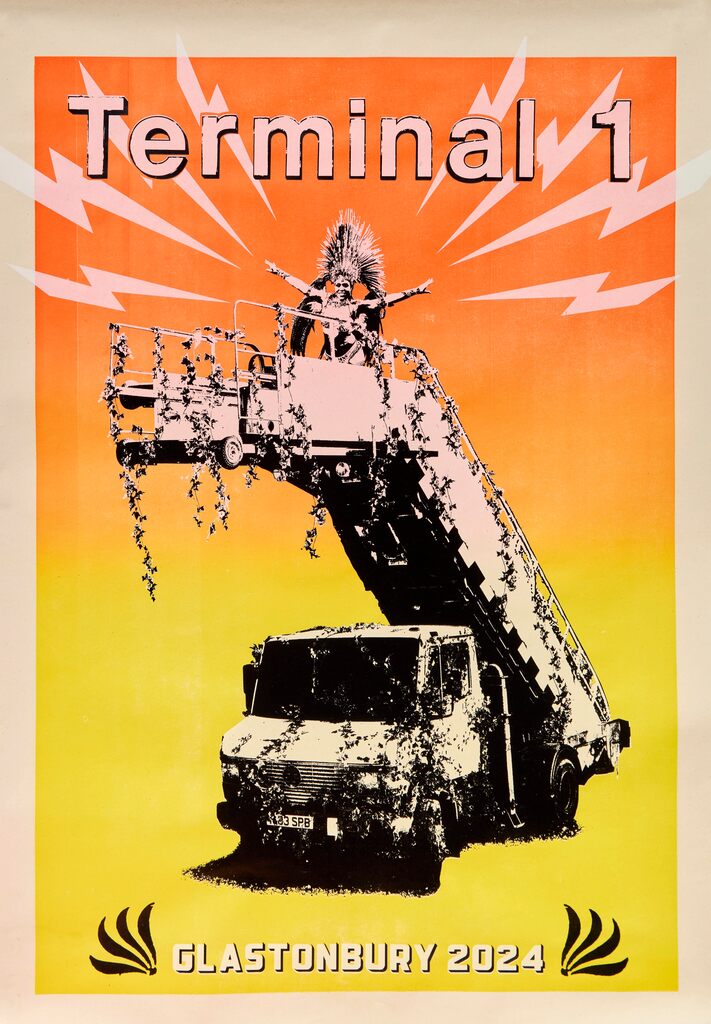 Orange-yellow Terminal 1 poster showing a vehicle and raised aerial platform.