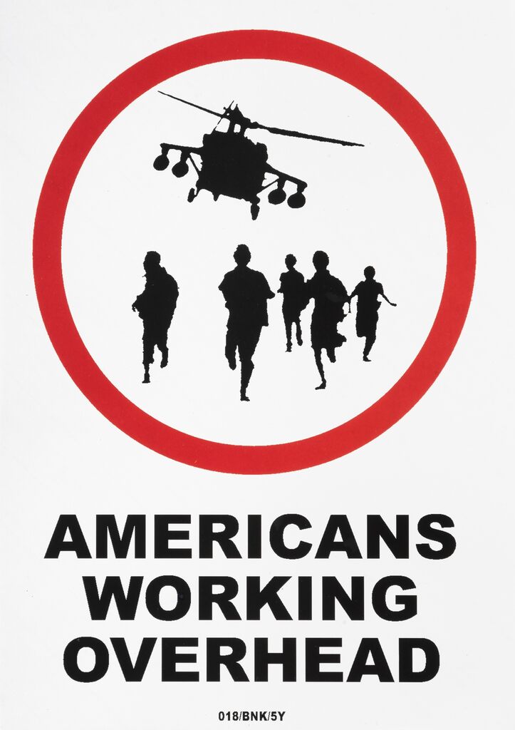 Sign with a black helicopter and descending figures inside a red circle above bold black lettering.