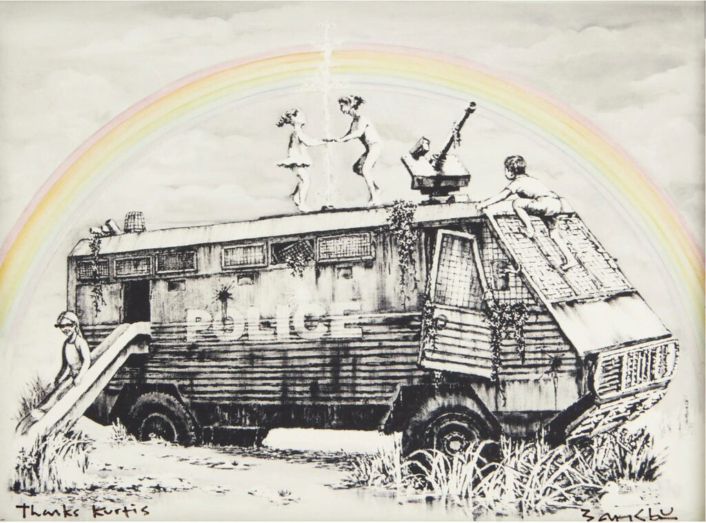 Figures play atop a dilapidated police van under a faint rainbow.