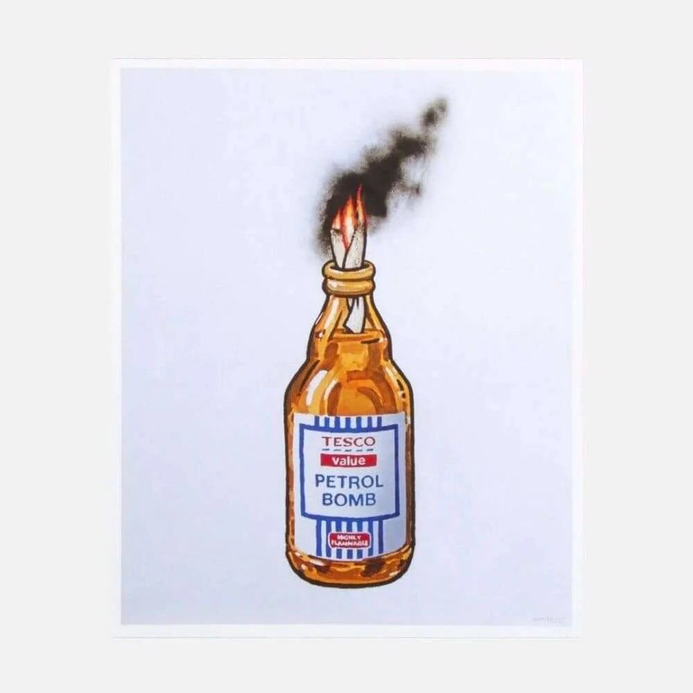Orange Petrol Bomb bottle with a burning wick and plume of black smoke.