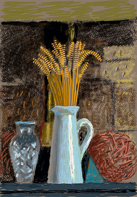 David Hockney, Glass Vase, Jug and Wheat, 2020, 2020