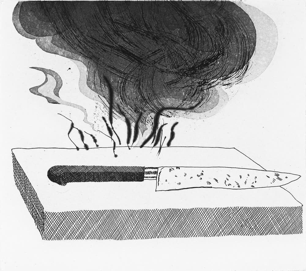 David Hockney, The Carpenter’s Bench, a Knife and Fire, 1969