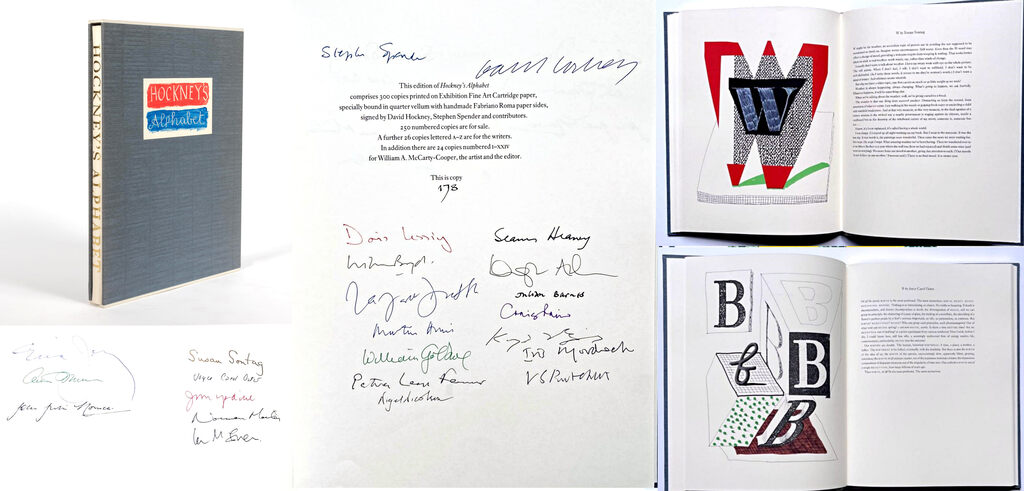 Hockney's Alphabet (Deluxe, limited edition edition print and literary portfolio, hand signed by David Hockney, Stephen Spender and 22 literary luminaries like Joyce Carol Oates, Seamus Heaney, Susan Sontag, Arthur Miller, John Updike, Doris Lessing and many more)
