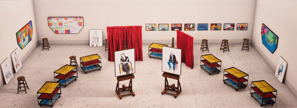 David Hockney, Seven Trollies, Six and a Half Stools, Six Portraits, Eleven Paintings, and Two Curtains, 2018