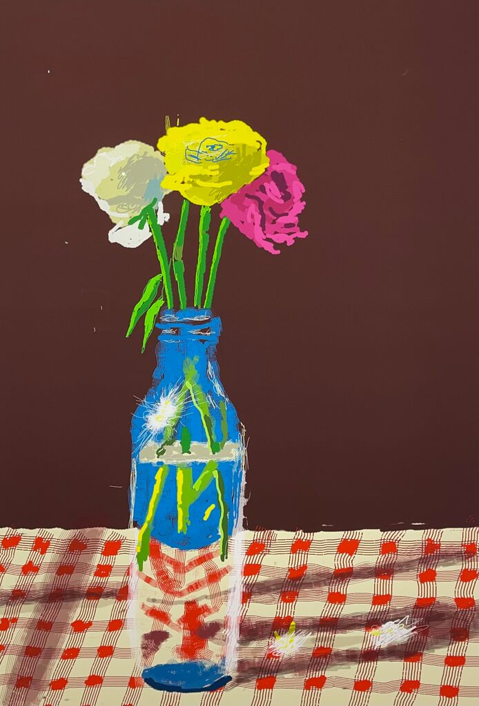 David Hockney, 23rd March, Flowers in a Milk Bottle, 2021, 2021