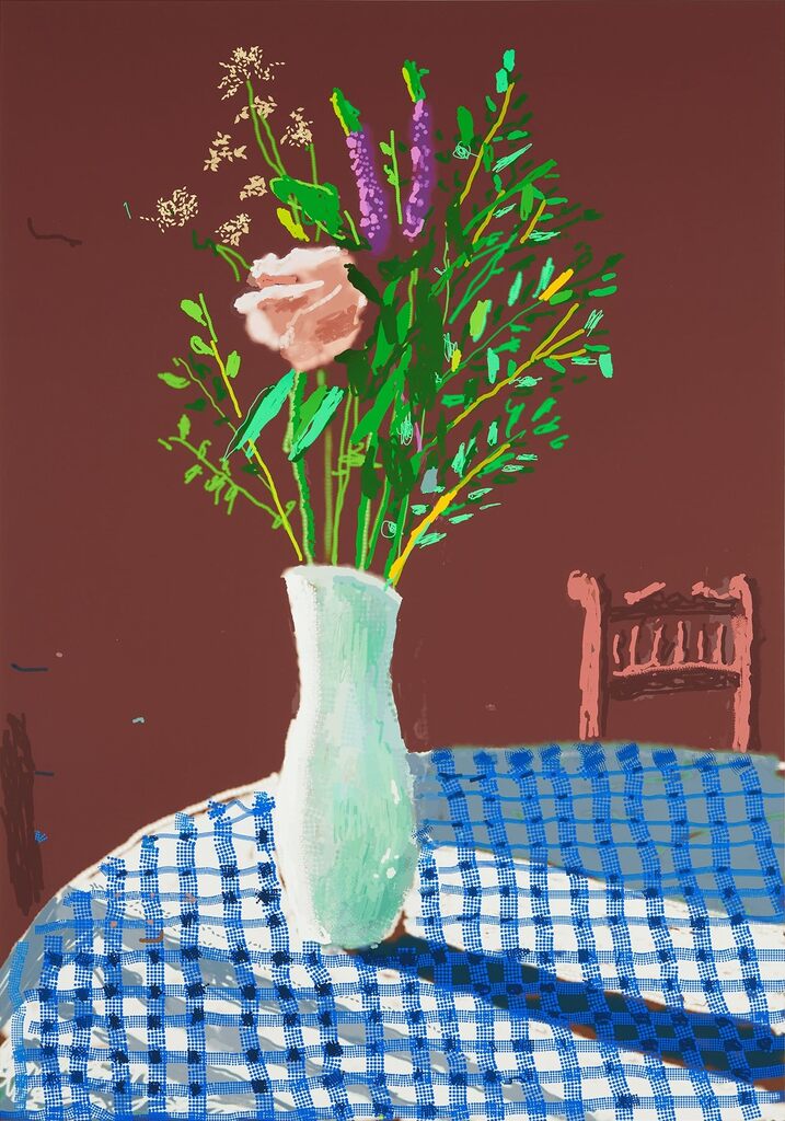David Hockney, 4th February 2021, Flowers in a White Vase with Chair, 2021
