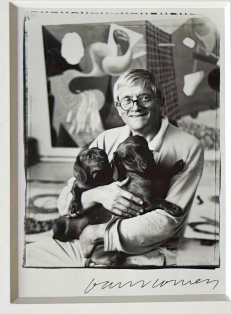 David Hockney, David Hockney - the artist with his two dogs Stanley and Boodgie (Hand Signed by David Hockney), 1994