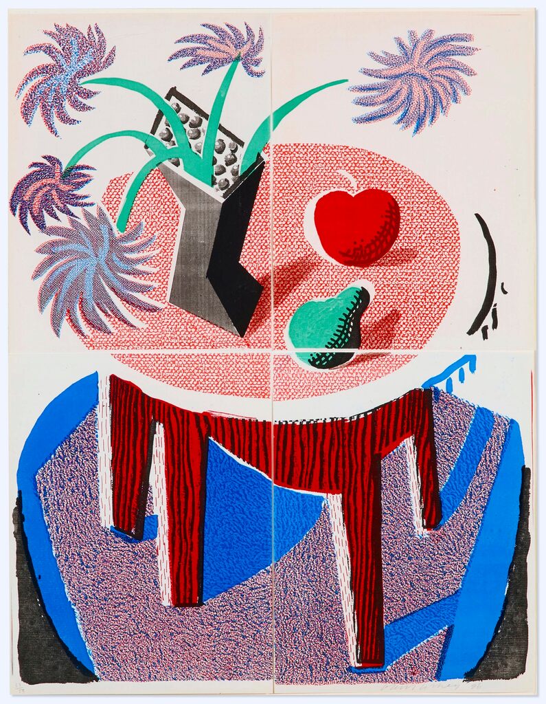 David Hockney, Flowers, Apple and Pear on a Table, 1986