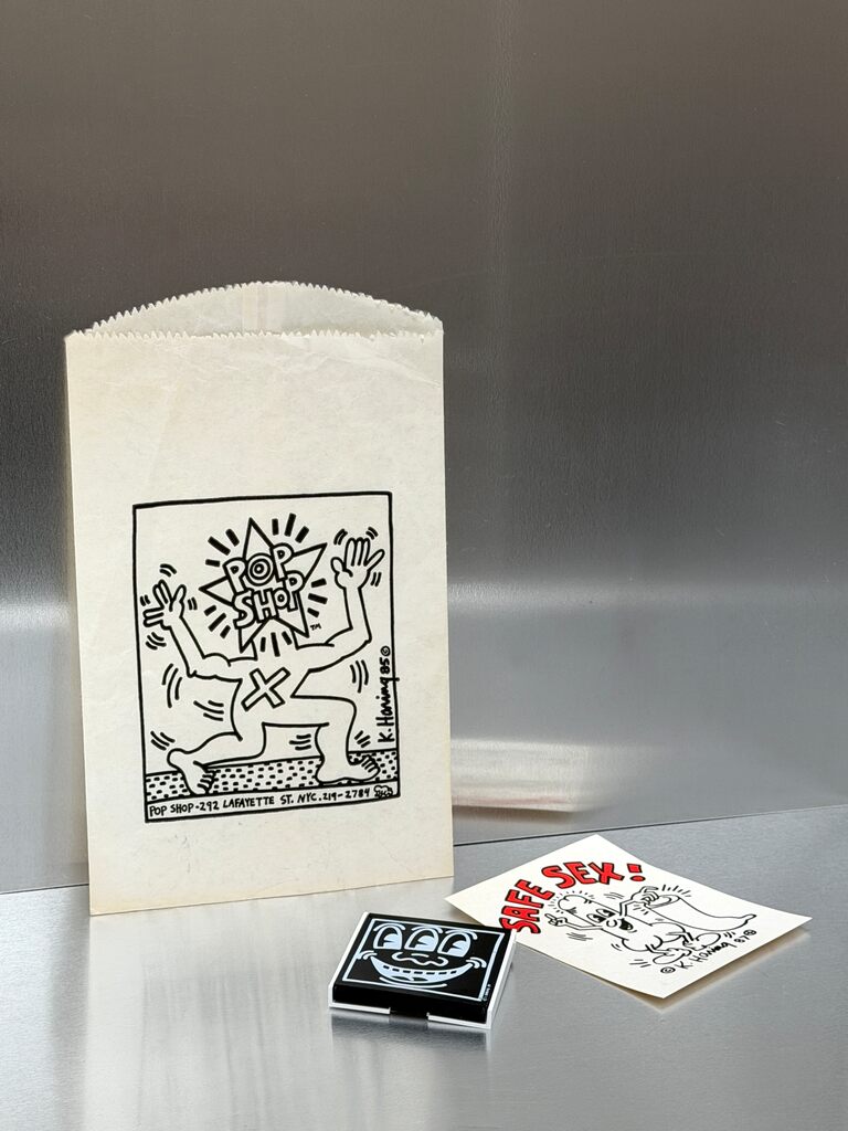 Keith Haring, 'Pop Shop' (Condom case + 'Safe Sex' sticker + Pop Shop paper bag), 1987