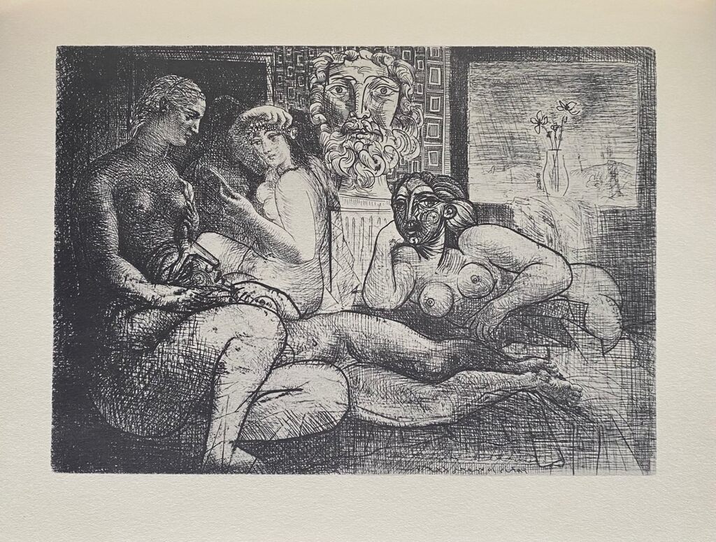 Pablo Picasso, Femmes entre elles avec voyeur sculpté. Clin d'œil au bain turc, 1956