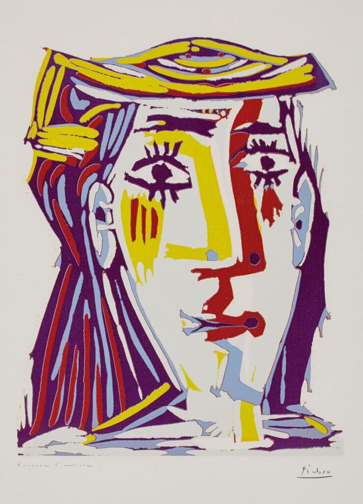 Pablo Picasso, Portrait de Jacqueline au Chapeau de Paille Multicolore, 1962