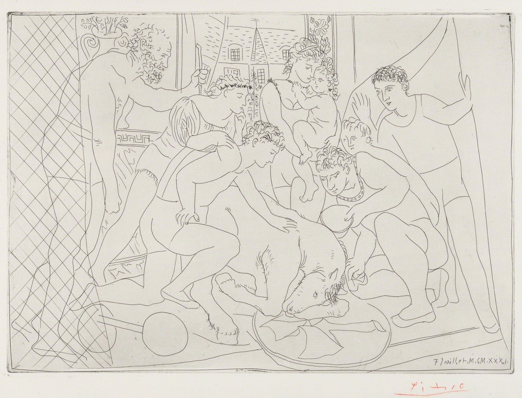 Pablo Picasso, Dying Horse Surrounded by a Family of Acrobats, 1931