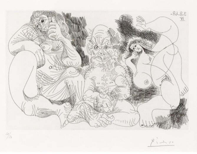 Pablo Picasso, Vieillard Assis Avec Une Femme et Danseuse, 1968