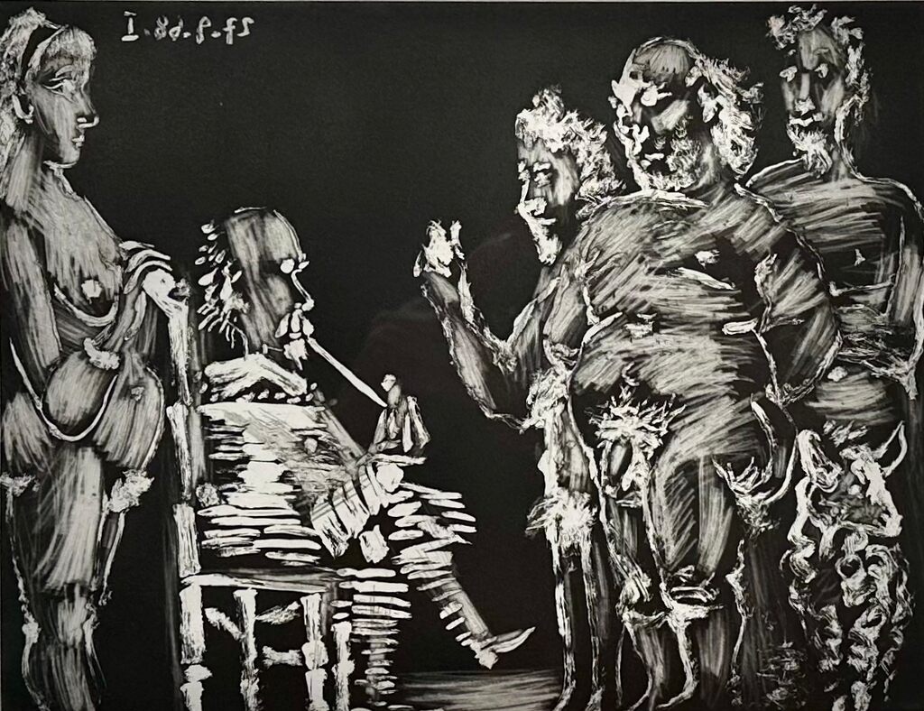 Three Old Friends Visiting: Man Smoking, Woman Keeping Watch, image 1