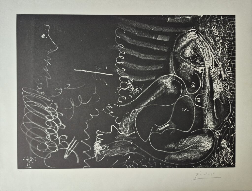 Pablo Picasso, Peintre en demi-figure et modèle assis en tailleur, 1966