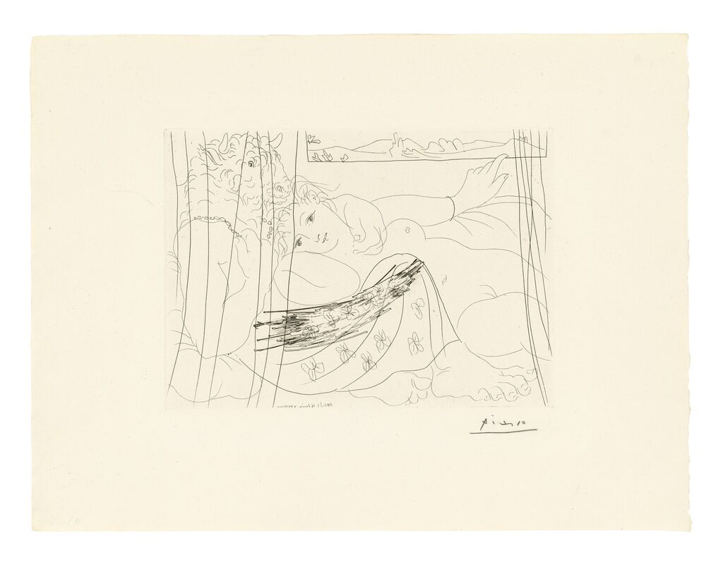 Pablo Picasso, Minotaure et femme derrière un rideau, 1933