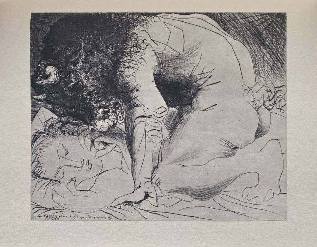 Pablo Picasso, Minotaure caressant du mufle la main d'une dormeuse, 1956