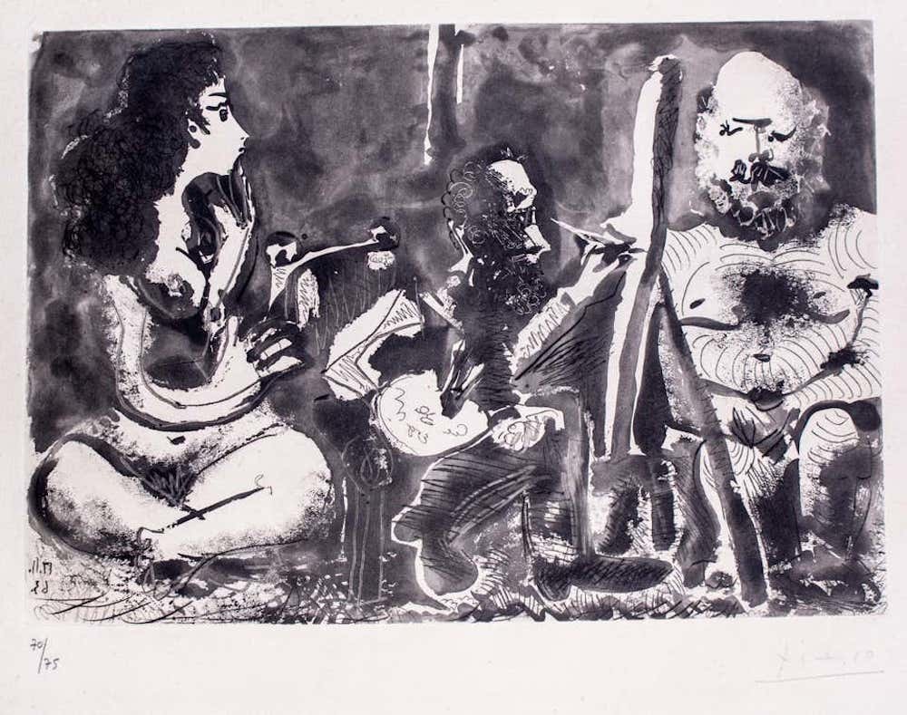 Pablo Picasso, Peintre au Travail avec Modèle barbu et une Spectatrice en Tailleur, 1963