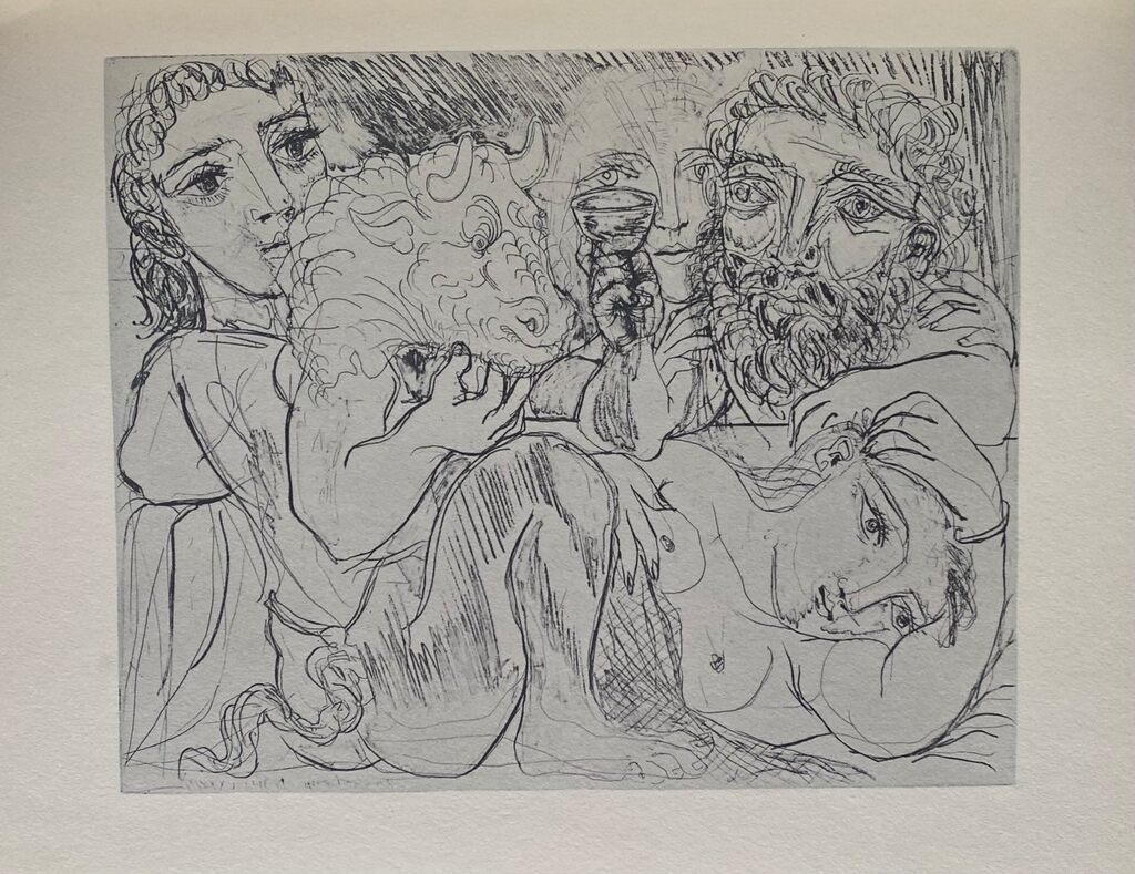 Pablo Picasso, Marie-Thérèse rêvant de métamorphoses : elle-même et le sculpteur buvant avec un jeune acteur grec jouant le rôle du Minotaure, 1956