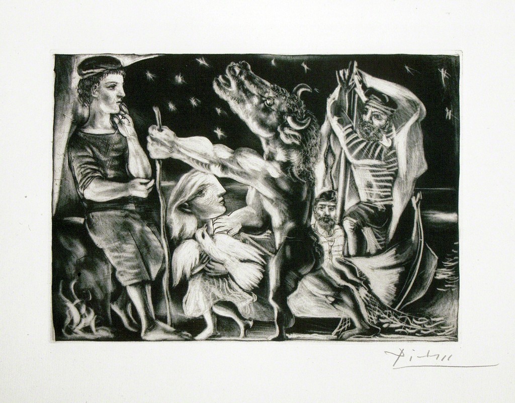 Pablo Picasso, Minotaure aveugle guidé par Marie-Thérèse au Pigeon dans une nuit étoilée from La Suite Vollard, 1934
