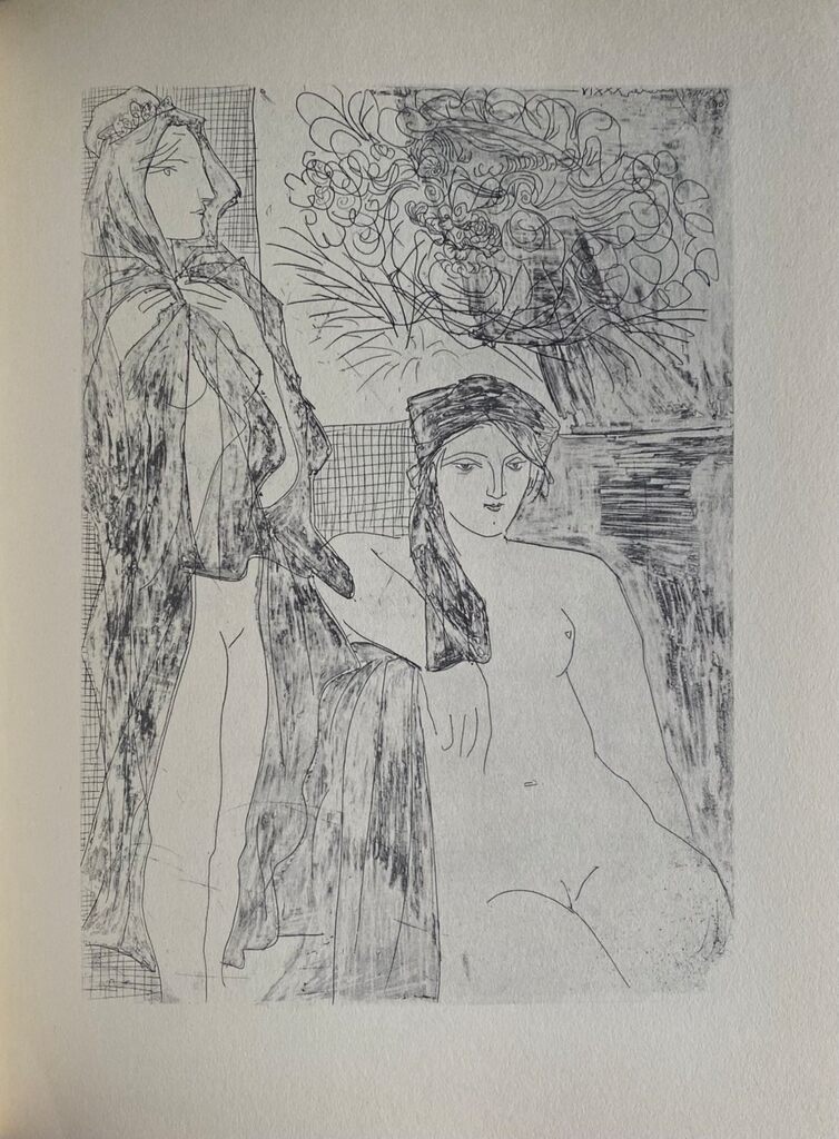 Pablo Picasso, Femme au voile, modèle assis et tête de Rembrandt, 1956
