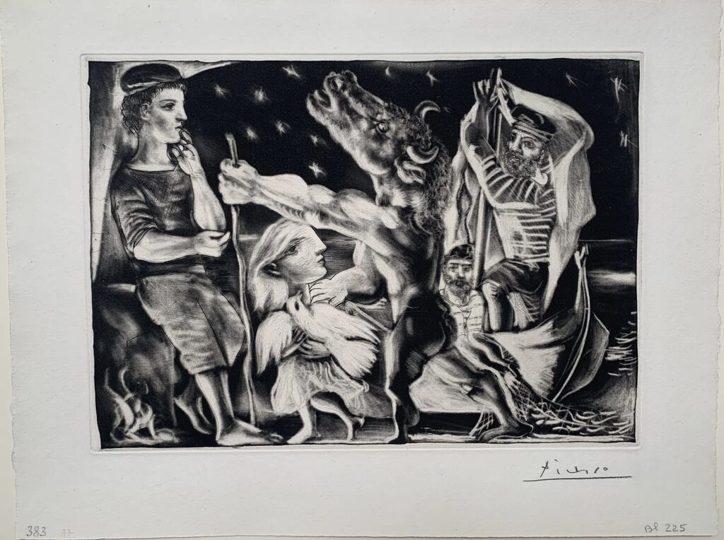 Pablo Picasso, Minotaure aveugle guidé par Marie-Thérèse au pigeon dans une nuit étoilée, 1934