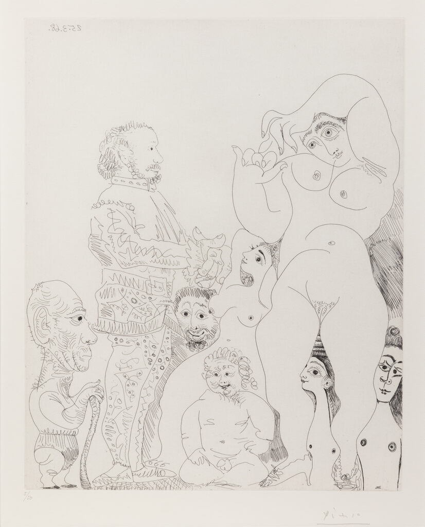 Pablo Picasso, Autoportrait à la canne, avec comédien, amour replet et femmes, 1968