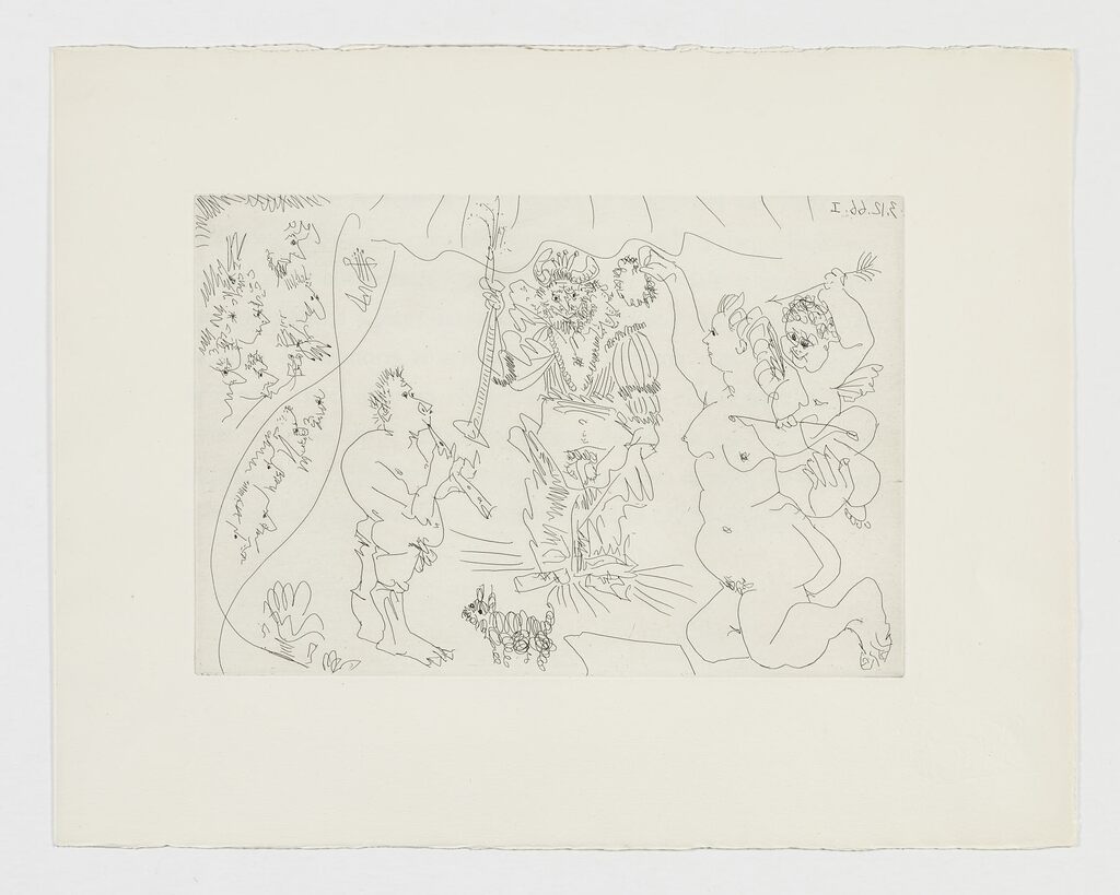 Pablo Picasso, En el teatro: el cornudo coronado por Venus, con un Cupido, un flautista y un perrito, 1966