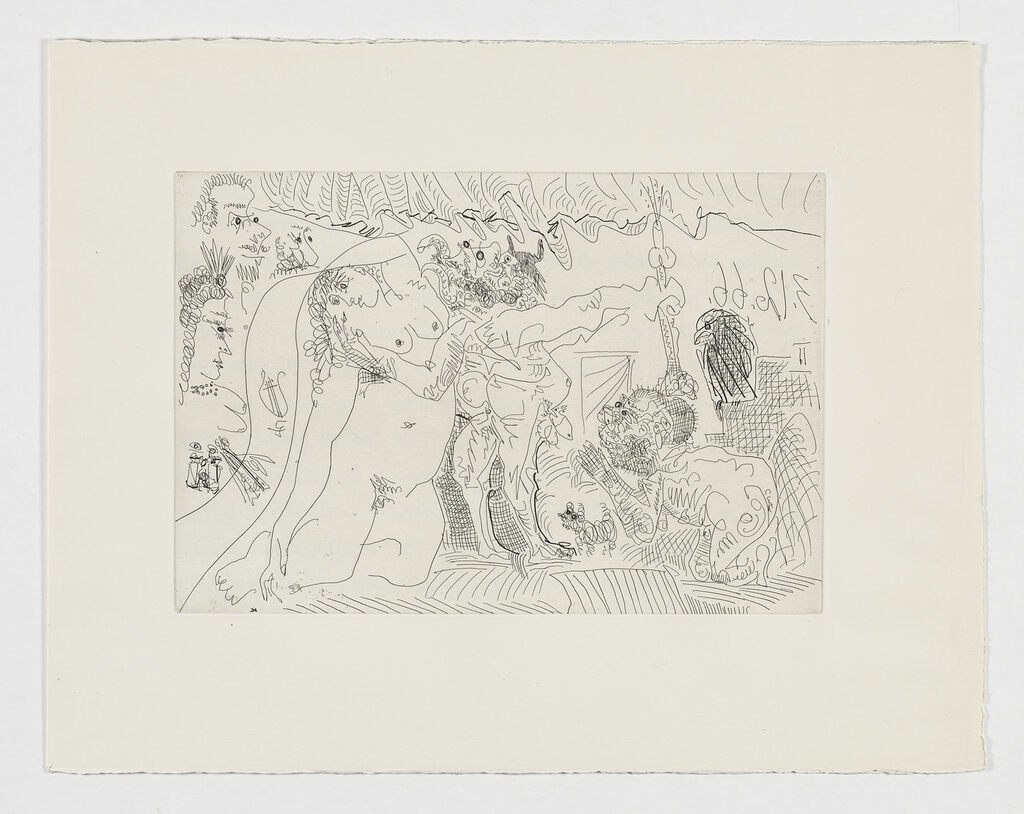 Pablo Picasso, At the Theatre: The Cuckold Brandishing the Thunderbolt of Zeus, with the God's Eagle, 1966