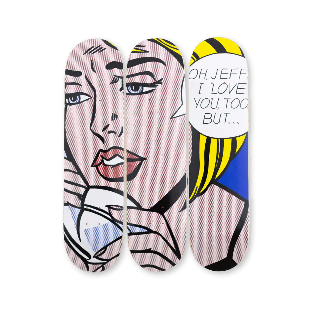 Roy Lichtenstein, Oh Jeff...I Love You, Too...But... Skateboard Triptych, 2024