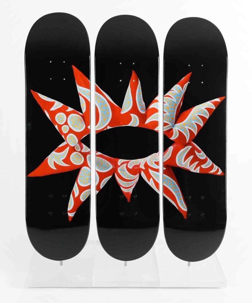 Yayoi Kusama, With All My Flowering Heart (Skateboard, Triptych), 2017